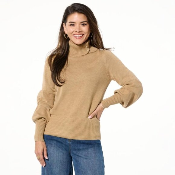 C Wonder by Christian Siriano Button Collar Turtleneck Sweater Size XS Camel Tan - Picture 1 of 7